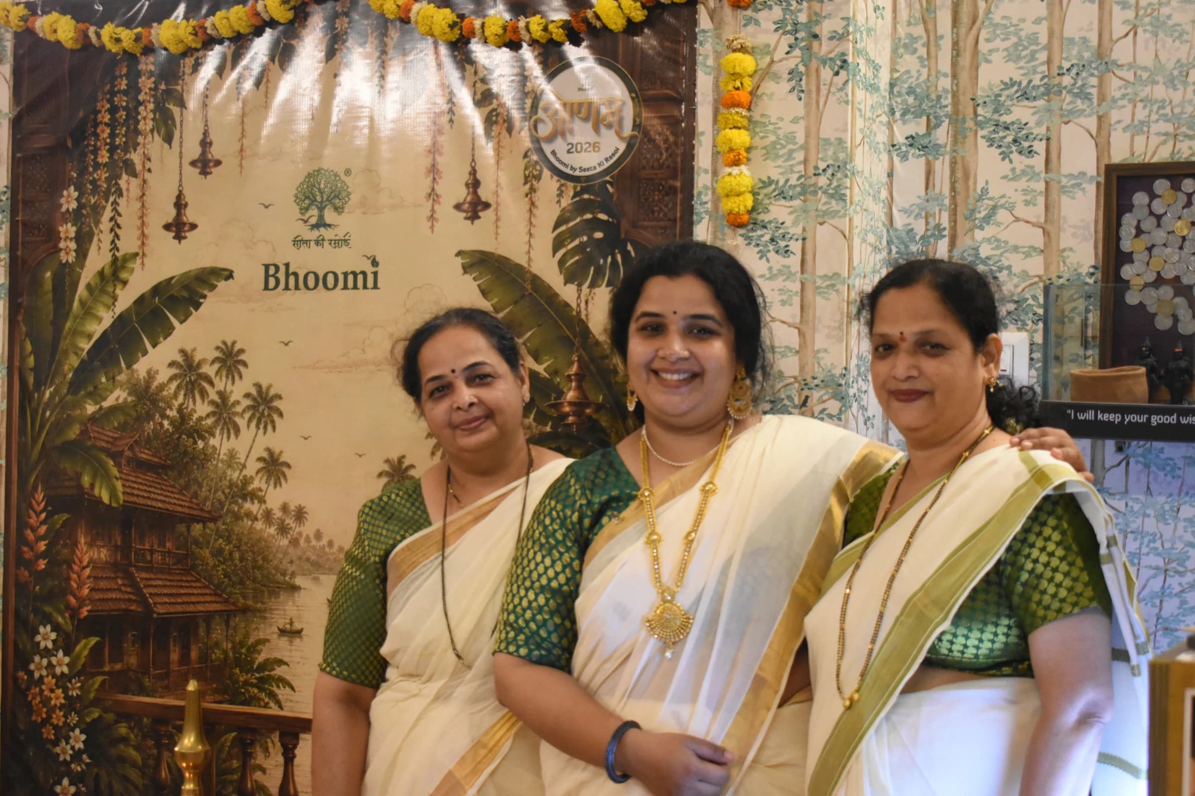 Guests in Kerala kasavu sarees at Bhoomi's Onam 2026 celebration